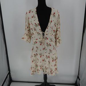 Reformation Cream Floral Tie-Front Mini Dress with Red & Green Print